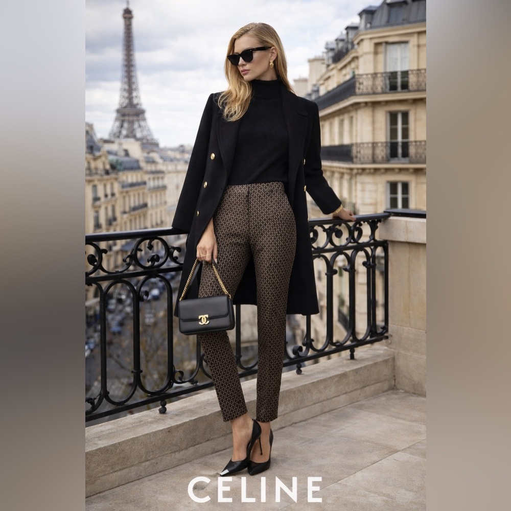 Celine Brown Geometric Women's Fitted Silk Trousers Parisian Chic Luxury small